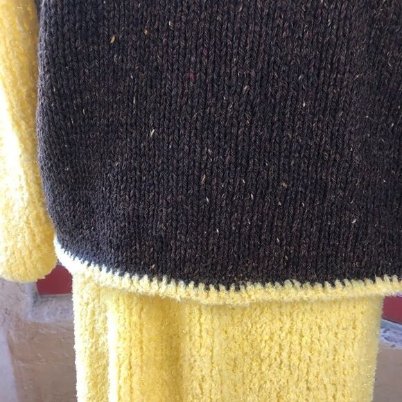 HAND KNIT WOOL 2 PIECE SET CARDIGAN MAXI SKIRT MUSTARD CHOCOLATE BROWN LUREX - Picture 8 of 13